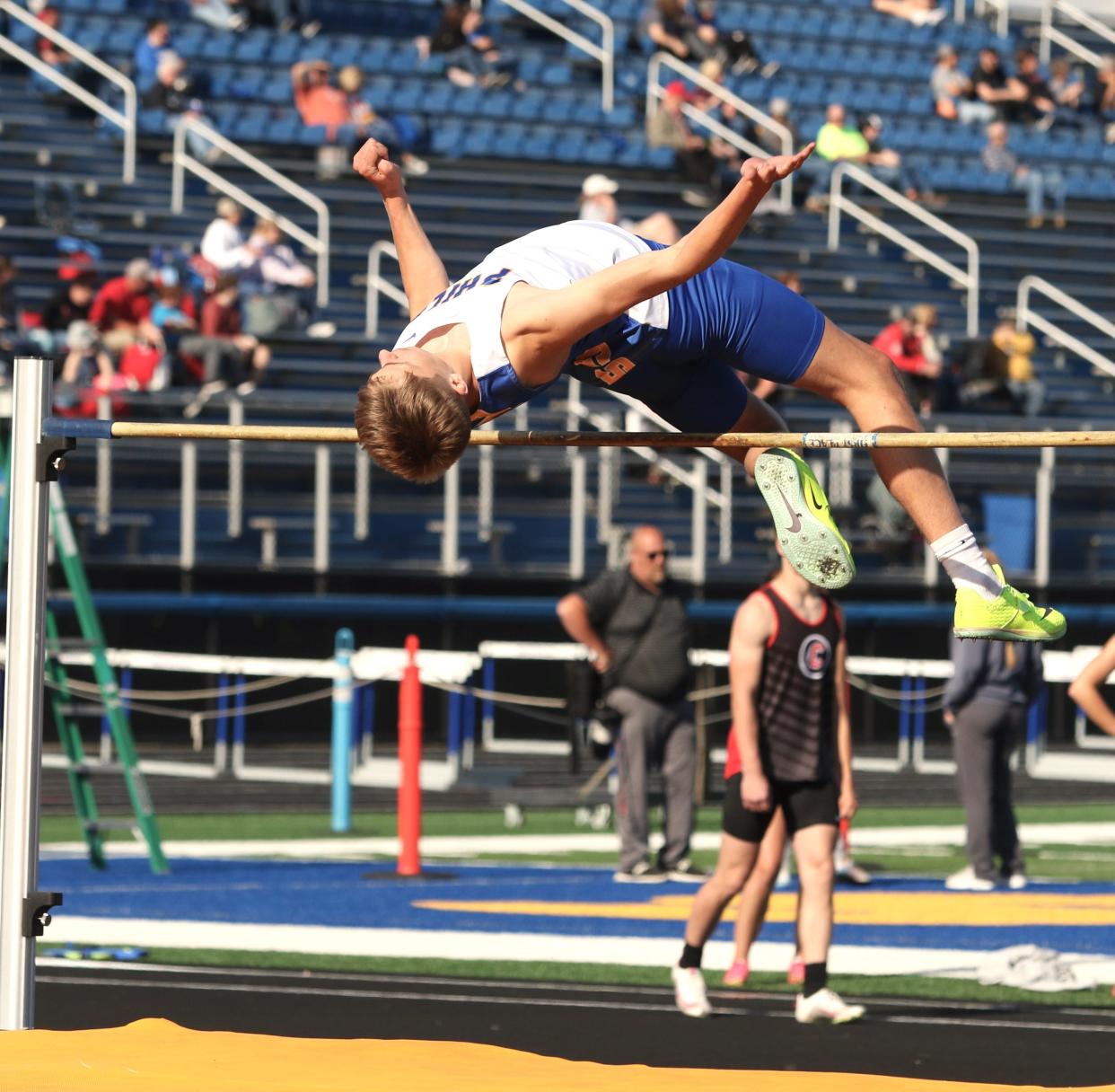 Philo's Aidan Mahon competes in the high jump during Friday's Muskingum Valley League championships at the Maysville Athletic Complex.