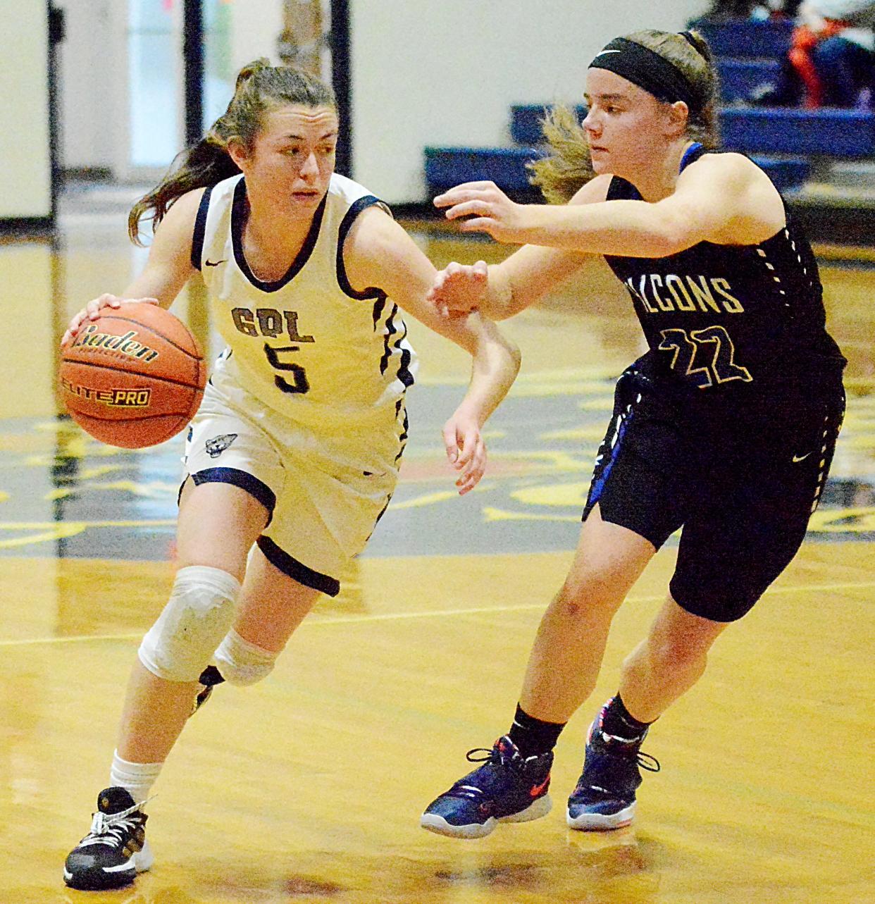 Junior guard Kim Goens (5) is a returning starter for the 2021-22 Great Plains Lutheran High School girls basketball team, which opened its season Friday with a one-point loss at Oldham-Ramona-Rutland.