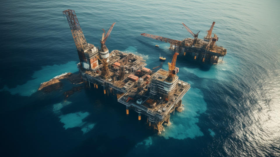 Aerial view of an oil rig in the sea waters, reflecting the company's involvement in the oil and gas markets.