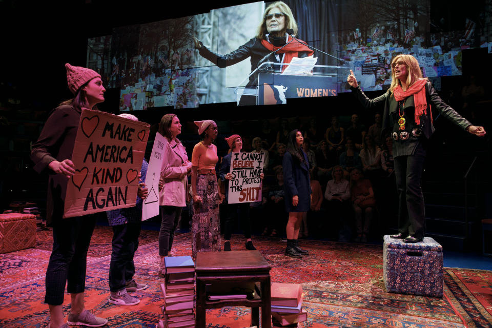 In this image released by PBS, Christine Lahti, portrays Gloria Steinem, right, in a scene from "Gloria - A Life." The taped theater production airs Friday on PBS. (Joan Marcus/PBS via AP)