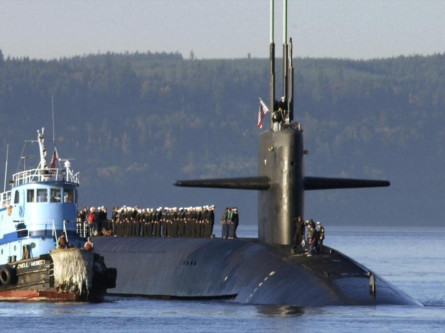 The Ohio-class ballistic missile submarine USS Pennsylvania transits the Hood Canal as the boat returns to its homeport at Naval Base Kitsap-Bangor, Wash., Dec. 27, 2017, following a routine strategic deterrent patrol. The Pennsylvania is one of eight ballistic missile submarines stationed at the base, providing the most survivable leg of the strategic deterrence triad for the United States. (Navy photo by Petty Officer 1st Class Amanda R. Gray)