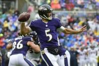 Sep 23, 2018; Baltimore, MD, USA; Baltimore Ravens quarterback Joe Flacco (5) throws from the pocket during the first quarter against the Denver Broncos at M&T Bank Stadium. Mandatory Credit: Tommy Gilligan-USA TODAY Sports