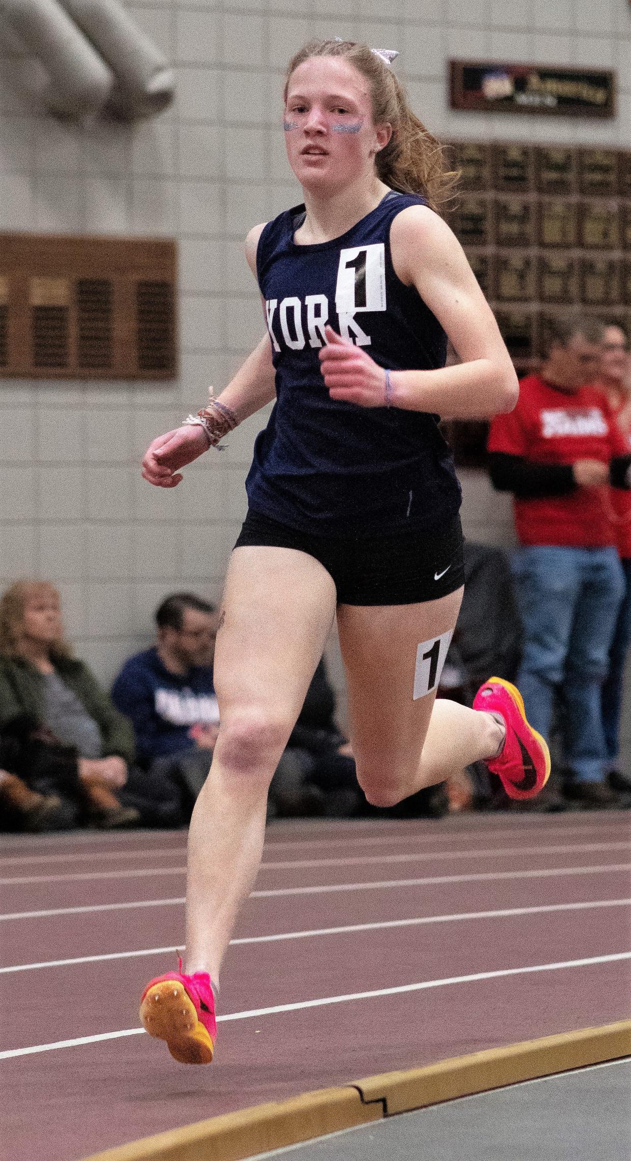 York's Cary Drake competes in the Maine Class B indoor state track championship Monday in February at Bates College in Lewiston, Maine. Drake won the 800, mile and two-mile, helping the Wildcats to their first indoor state track title in 13 years.