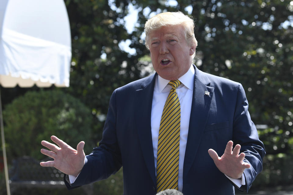 President Donald Trump speaks to reporters on the South Lawn of the White House in Washington, Saturday, June 22, 2019, before boarding Marine One for the trip to Camp David in Maryland. (AP Photo/Susan Walsh)