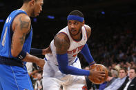 <p>No. 2: Carmelo Anthony: 44 points (14-29 FG, 7-12 3FG, 9-9 FT), 9 rebounds, 4 assists, 4 turnovers, 1 block — “YOLO” Anthony continues to have the green light in the Big Apple. He’s averaging the most field goal attempts and very well could lead the league in scoring the final five weeks of the regular season. (AP Photo/Jason DeCrow)</p>