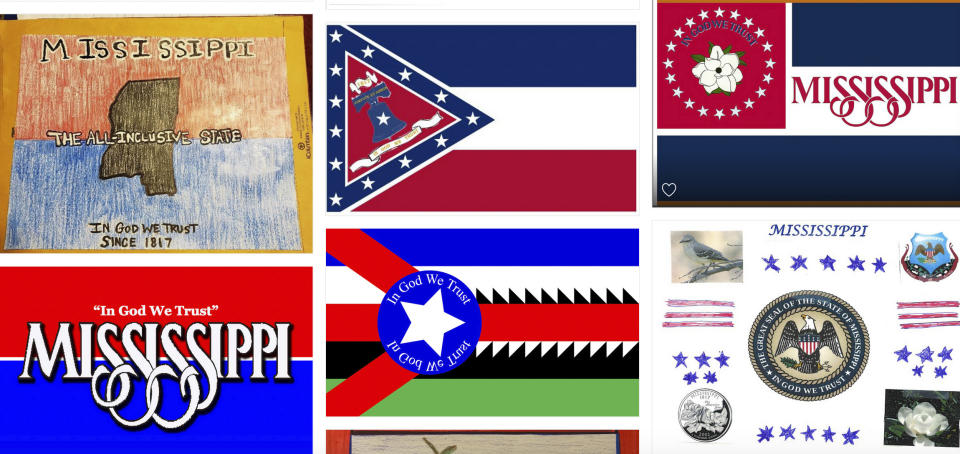 Magnolias, stars, a Gulf Coast lighthouse, a teddy bear, and even Kermit the Frog appear on some of the over 1,800 proposals submitted by the general public for a new Mississippi flag and posted Monday, Aug. 3, 2020, on the Mississippi Department of Archives and History web site. The state recently retired the last state banner with the Confederate battle emblem that's widely condemned as racist and a nine-member commission will design a replacement that cannot include the Confederate symbol and must have the phrase, "In God We Trust." (Mississippi Department of Archives and History, via AP)