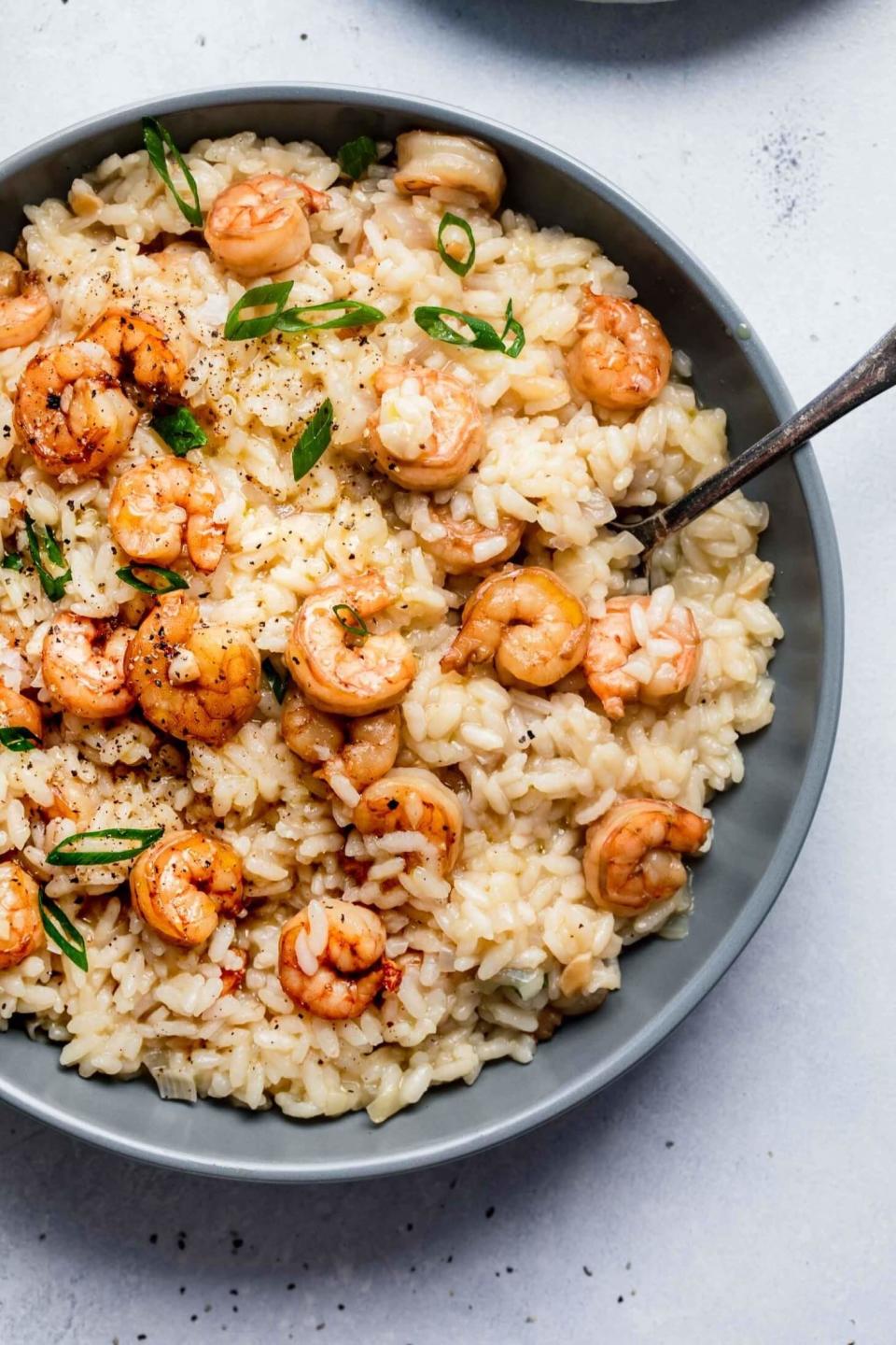 Shrimp risotto in a bowl.