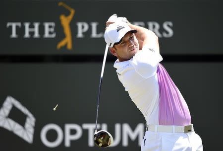 May 10, 2015; Ponte Vedra Beach, FL, USA; Sergio Garcia hits his tee shot on the 1st hole during the final round of The Players Championship at TPC Sawgrass - Stadium Course. Mandatory Credit: John David Mercer-USA TODAY