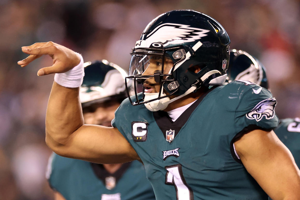 PHILADELPHIA, PENNSYLVANIA - JANUARY 29: Jalen Hurts #1 of the Philadelphia Eagles celebrates after scoring a touchdown against the San Francisco 49ers during the third quarter in the NFC Championship Game at Lincoln Financial Field on January 29, 2023 in Philadelphia, Pennsylvania. (Photo by Tim Nwachukwu/Getty Images)