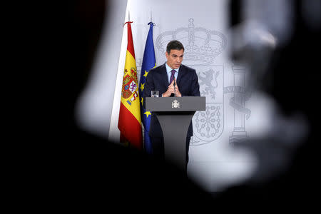 FILE PHOTO: Spain's Prime Minister Pedro Sanchez holds a year-end news conference after the weekly cabinet meeting at Moncloa Palace in Madrid, Spain, December 28, 2018. REUTERS/Susana Vera/File Photo