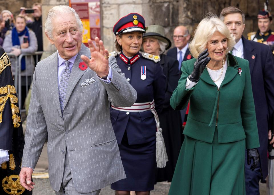 Britain's King Charles III and Britain's Camilla, Queen Consort are welcomed to the City of York during a ceremony at Micklegate Bar during their visit to York, northern England on November 9, 2022 as part of a two-day tour of Yorkshire. - Micklegate Bar is considered to be the most important of York's gateways and has acted as the focus for various important events. It is the place The Sovereign traditionally arrives when entering the city. (Photo by James Glossop / POOL / AFP) (Photo by JAMES GLOSSOP/POOL/AFP via Getty Images)