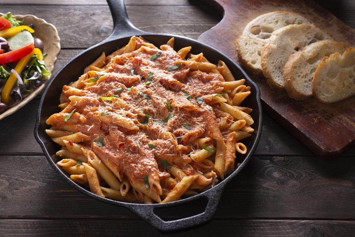 Fresh Penne Pasta with Vodka Sauce in a Cast Iron Skillet.