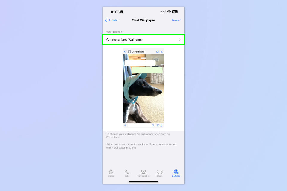 A screenshot showing how to change wallpaper on WhatsApp