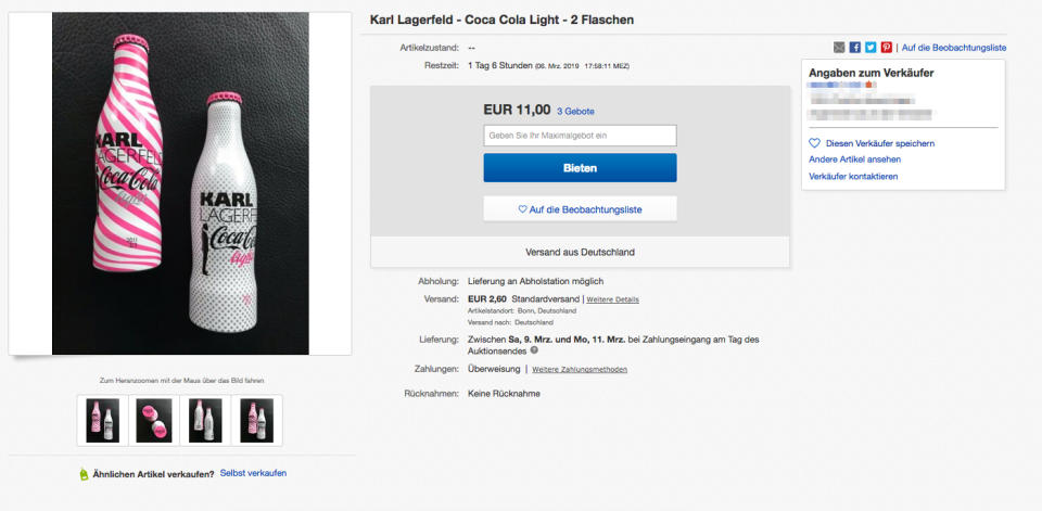 <p>Dass Designer Karl Lagerfeld ein ausgesprochener Fan von Coca-Cola Light war, ist bekannt. Kein Wunder also, dass es einmal zu einer Kooperation des Getränkeherstellers mit dem berühmten Designer kam. Einen Tag vor Ablauf der Ebay-Aktion haben die Flaschen drei Gebote erhalten. Genießbar sind sie jedoch längst nicht mehr: “Haltbarkeit abgelaufen 2011”, erklärt der Verkäufer. (Bild: Screenshot Ebay) </p>