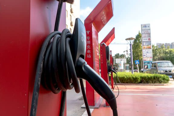 A Tesla charging station in Shandong, China.