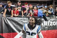 Carolina Panthers Donte Jackson celebrates a win against the Arizona Cardinals at the State Farm Stadium in Glendale AZ, on Sunday, November 14, 2021. The Panthers defeated the Cardinals 34-10.