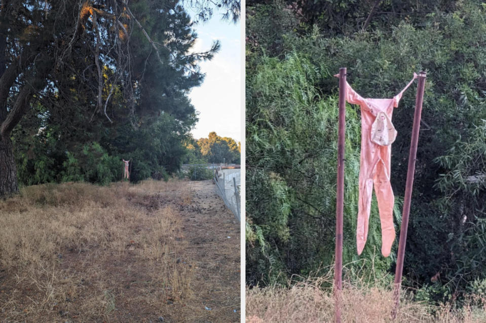 Clothes hanging between two poles