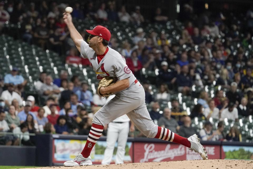 St. Louis Cardinals starting pitcher Adam Wainwright throws during the first inning of a baseball game against the Milwaukee Brewers Friday, Sept. 3, 2021, in Milwaukee. (AP Photo/Morry Gash)