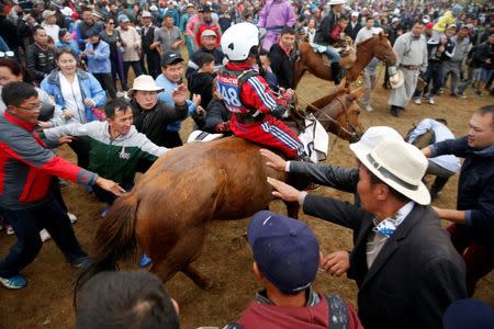 Viewers reach for the foam on a horse for good luck after the Soyolon horse race at the Mongolian traditional Naadam festival, on the outskirts of Ulaanbaatar, Mongolia July 12, 2018. Picture taken July 12, 2018. REUTERS/B. Rentsendorj