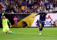 Jun 21, 2016; Houston, TX, USA; Argentina forward Gonzalo Higuain (9) reacts after scoring a goal past United States goalkeeper Brad Guzan (1) during the second half in the semifinals of the 2016 Copa America Centenario soccer tournament at NRG Stadium. Kevin Jairaj-USA TODAY Sports