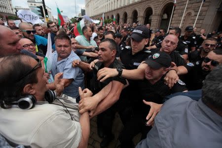 Protesters scuffle with police during a rally against the government-ordered mass slaughter of sheep and goats following the first outbreak in the European Union of the highly contagious Peste des Petits Ruminants (PPR) in Sofia, Bulgaria, July 18, 2018. REUTERS/Dimitar Kyosemarliev