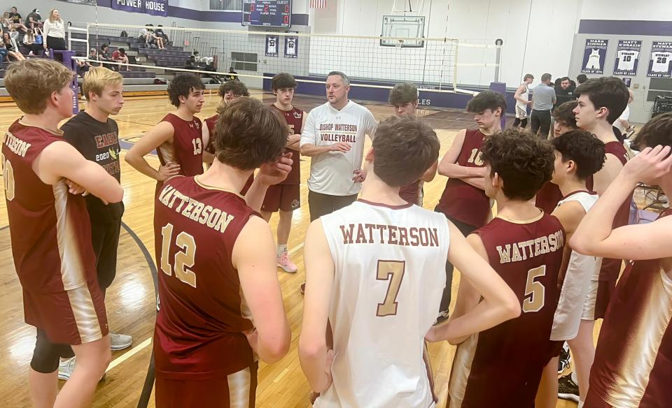 Watterson coach Keith Kresge instructs his team during a match at DeSales on Tuesday. DeSales won in four sets.