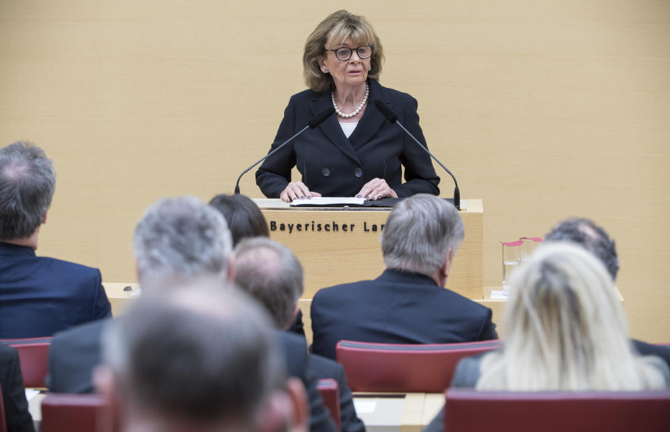 Charlotte Knobloch, Holocaust survivor and former head of Germany’s Central Council of Jews, speaks at the Bavarian Parliament in Munich, Germany, Wednesday, Jan. 23, 2019. More than a dozen lawmakers from the far-right Alternative for Germany walked out of Bavarian state parliament during her speech. (Peter Kneffel/dpa via AP)