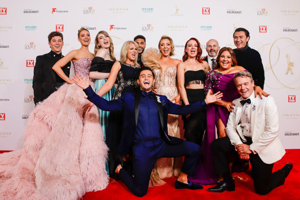 The cast of Neighbours pose on the red carpet at the 2022 Logie Awards