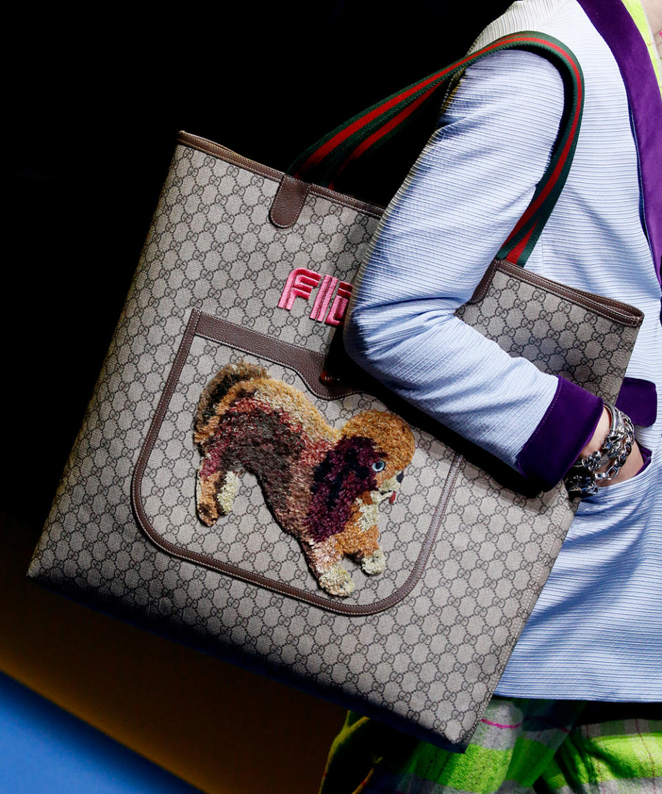 Bag detail at Gucci's Spring 2018 fashion show, catwalk, canvas, double G logo, Alessandro Michele, creative director