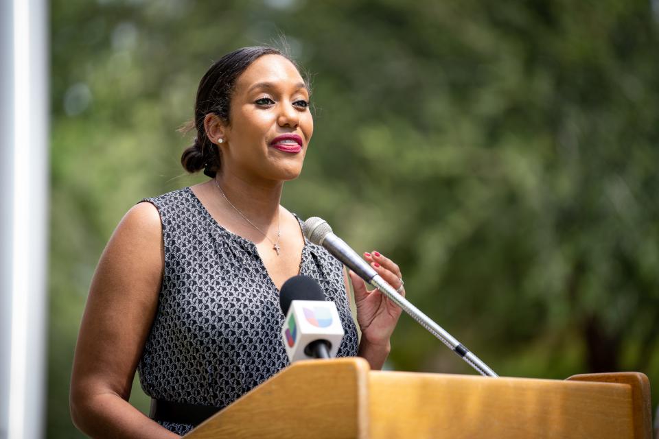 Brittany Fonteno, president of Planned Parenthood Advocates of AZ, speaks during a press conference at the Arizona state Capitol in Phoenix on Aug. 24, 2022, highlighting the importance of abortion access as well as Republican nominee for U.S. Senate Blake Masters' support for a national abortion ban.