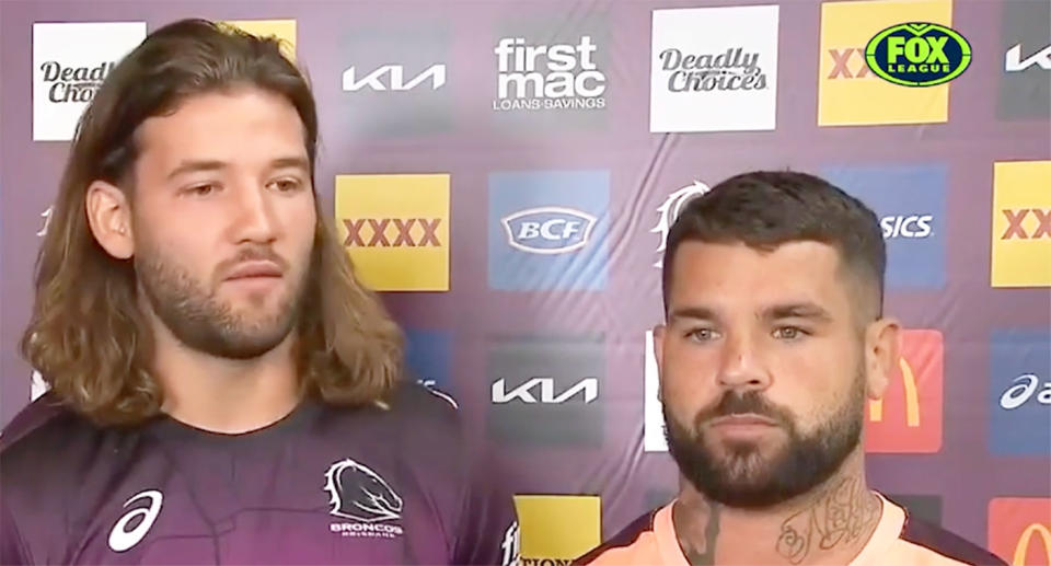 Broncos teammates Patrick Carrigan and Adam Reynolds addressed media on Tuesday after their altercation. Pic: Fox Sports 