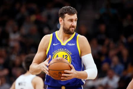 FILE PHOTO: Mar 18, 2019; San Antonio, TX, USA; Golden State Warriors center Andrew Bogut (12) looks on prior to the opening tip-off against the San Antonio Spurs at AT&T Center. Mandatory Credit: Soobum Im-USA TODAY Sports