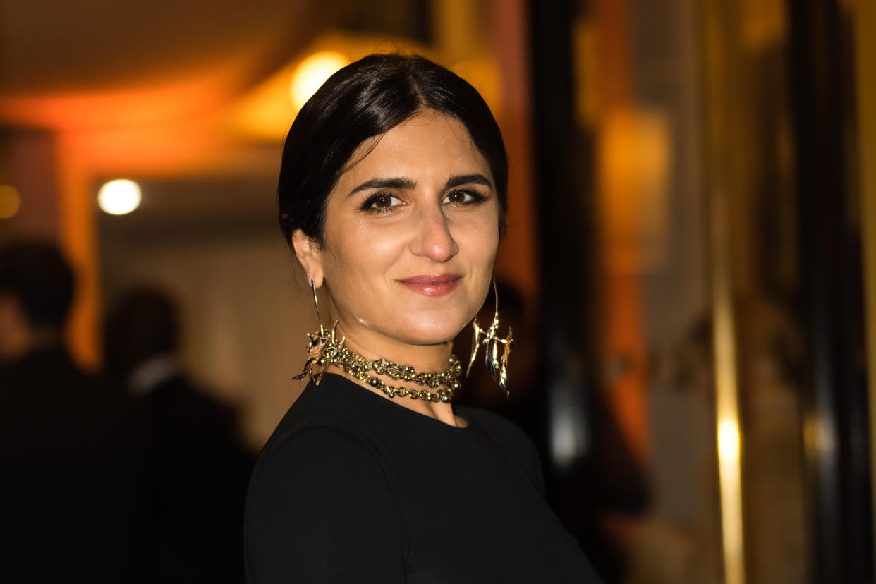 PARIS, FRANCE - NOVEMBER 29: Géraldine Nakache wears a black dress, a golden necklace, outside the GQ - Men Of The Year Awards 2022 at Hotel Kimpton St Honore Paris on November 29, 2022 in Paris, France. (Photo by Edward Berthelot/Getty Images)