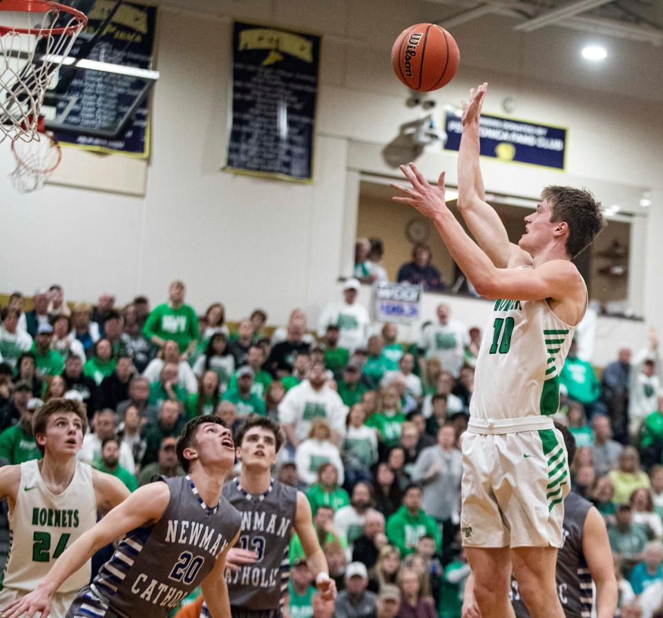 Scales Mound all-stater Benjamin Vandigo, shown shooting in a sectional championship win over Sterling Newman on March 4, will play his final high school game Tuesday, June 7 in the Jim Shaw Classic all-star game at Eastland.