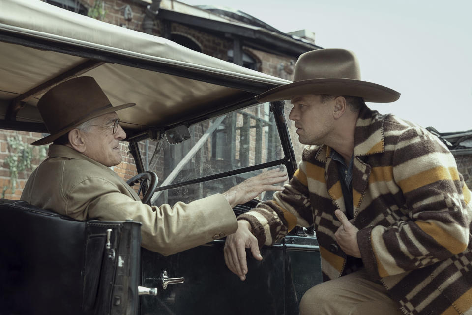 This image released by Apple TV+ shows Robert De Niro, left, and Leonardo DiCaprio in a scene from "Killers of the Flower Moon." (Melinda Sue Gordon/Apple TV+ via AP)