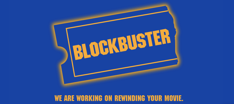 The Blockbuster website is active with a simple message: