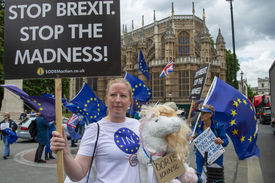 A pro remain supporter pokes fun at leadership hopeful Boris Johnson with a unicorn toy called Doris Johnson opposite the Houses of Parliament in London,UK on June 20, 2019. Inside parliament conservative MP's take part in a ballot to decide the final two candidates for the position of Conservative Leader and Prime Minister. (Photo by Claire Doherty/Sipa USA)