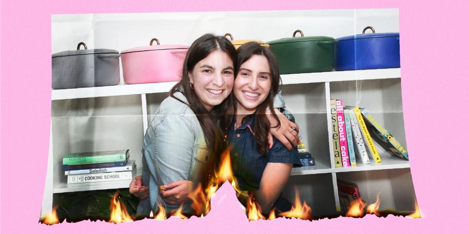 Burning photo of Great Jones cofounders Maddy Moelis and Sierra Tishgart with colorful Dutch ovens behind them, with pink background