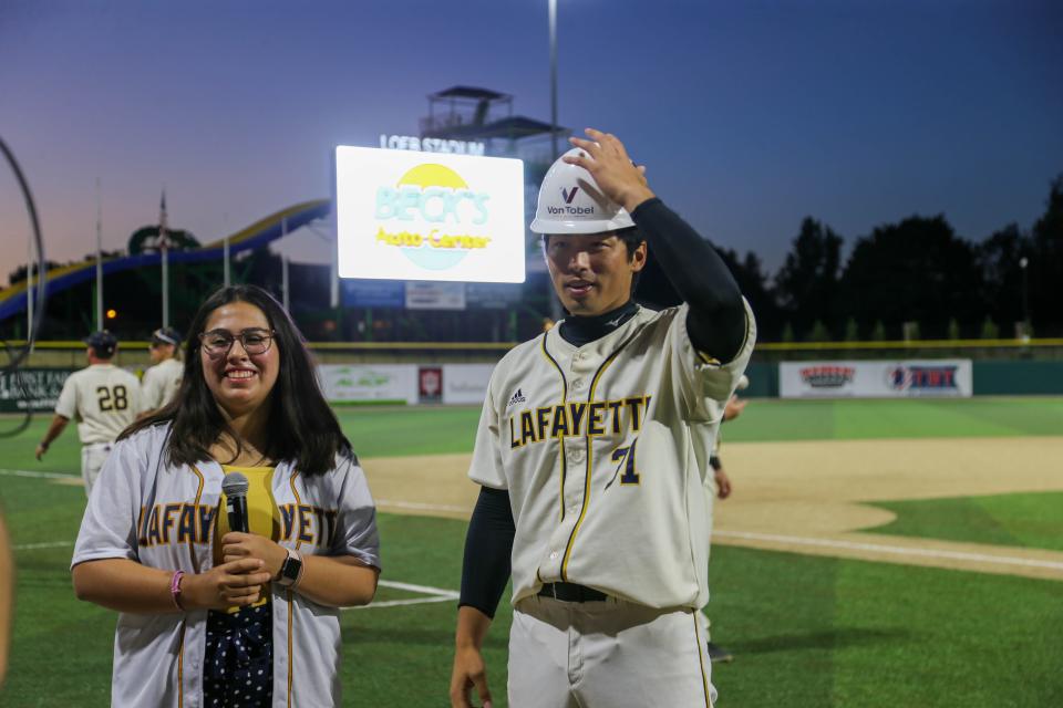 Aviator pitcher Gyeongju Kim (31) was named the MVP in the Champion City Kings at Lafayette Aviators baseball game, Thursday June 23, 2022, in the  Lafayette, Ind., Loeb Stadium.