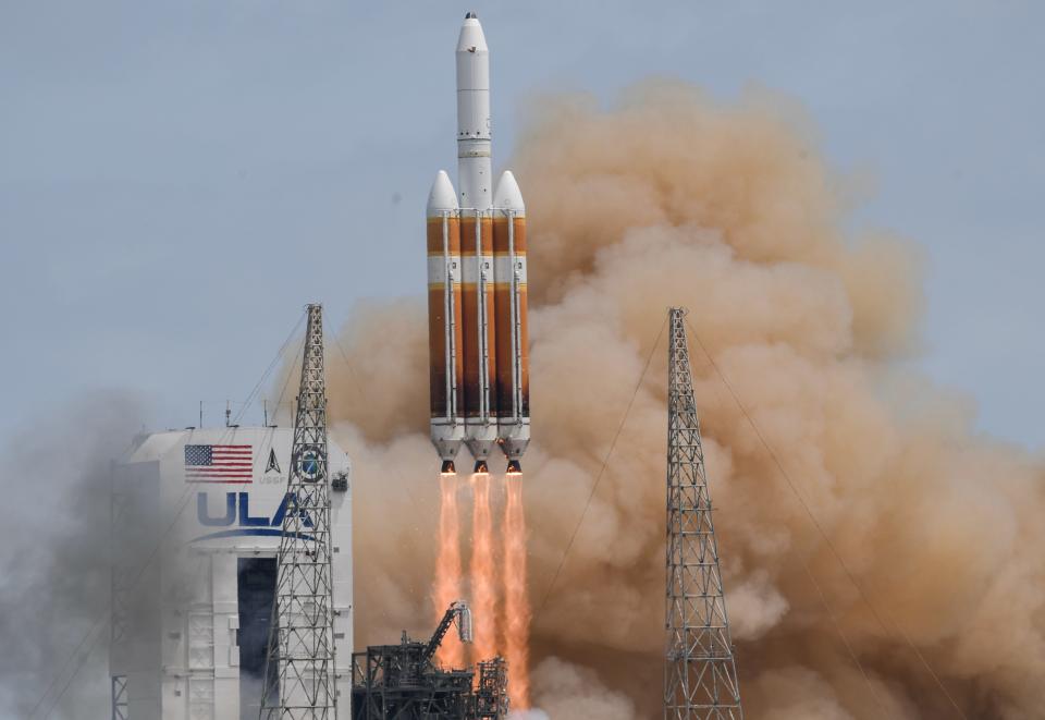 A United Launch Alliance Delta IV Heavy leaps from its launch pad Tuesday at Cape Canaveral Space Force Station.