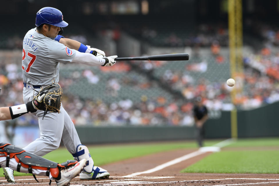 Chicago Cubs' Seiya Suzuki grounds out during the first inning of a baseball game against the Baltimore Orioles, Tuesday, July 9, 2024, in Baltimore. (AP Photo/Nick Wass)
