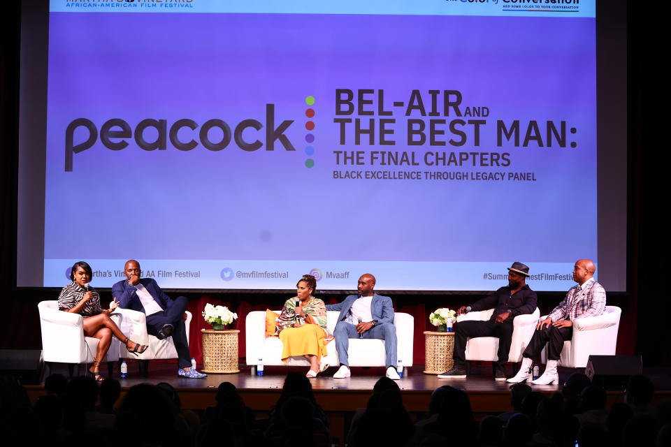 MSNBC’s Tiffany Cross moderates the “Black Excellence Through Legacy” panel with Malcom D. Lee, Dayna Lynne North and Morris Chestnut of “The Best Man: The Final Chapters” and “Bel-Air’s” Adrian Holmes and Rasheed Newson at the 2022 Martha’s Vineyard African American Film Festival. - Credit: Arturo Holmes/Getty Images for MVAAFF