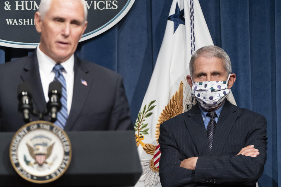 WASHINGTON, DC - JUNE 26: Director of the National Institute of Allergy and Infectious Diseases Anthony Fauci watches as Vice President Mike Pence speaks after leading a White House Coronavirus Task Force briefing at the Department of Health and Human Services on June 26, 2020 in Washington, DC. Cases of coronavirus disease (COVID-19) are rising in southern and western states forcing businesses to remain closed. (Photo by Joshua Roberts/Getty Images)