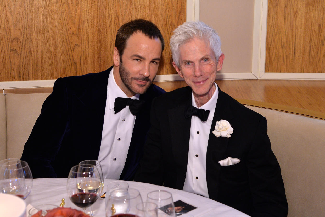 WEST HOLLYWOOD, CA - MARCH 02:  (EXCLUSIVE ACCESS, SPECIAL RATES APPLY) Designer Tom Ford (L) and Richard Buckley attend the 2014 Vanity Fair Oscar Party Viewing Dinner Hosted By Graydon Carter on March 2, 2014 in West Hollywood, California.  (Photo by Larry Busacca/VF14/WireImage)