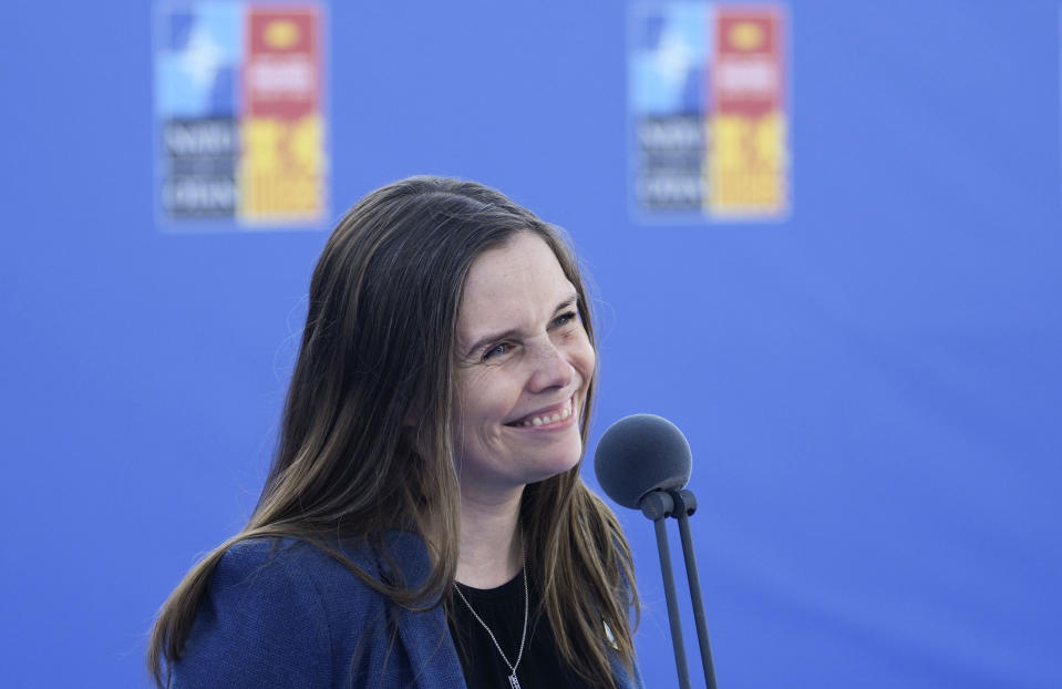 Iceland's Prime Minister Katrin Jakobsdottir arrives for the NATO summit in Madrid, Spain on Wednesday, June 29, 2022. North Atlantic Treaty Organization heads of state will meet for a NATO summit in Madrid from Tuesday through Thursday. (AP Photo/Paul White)