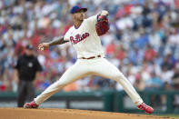 Philadelphia Phillies starting pitcher Vince Velasquez (21) throws during the first inning of a baseball game against the New York Yankees, Saturday, June 12, 2021, in Philadelphia. (AP Photo/Laurence Kesterson)