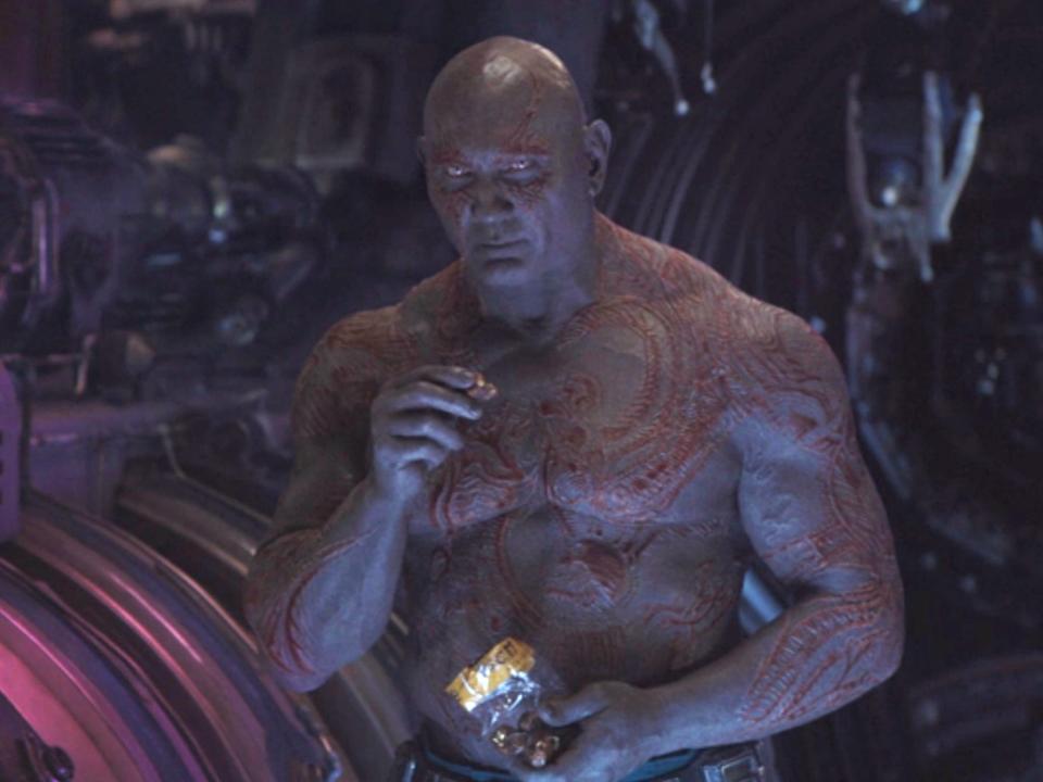Drax, played by Dave Bautista, eating  Zarg-nuts in "Avengers: Infinity War."