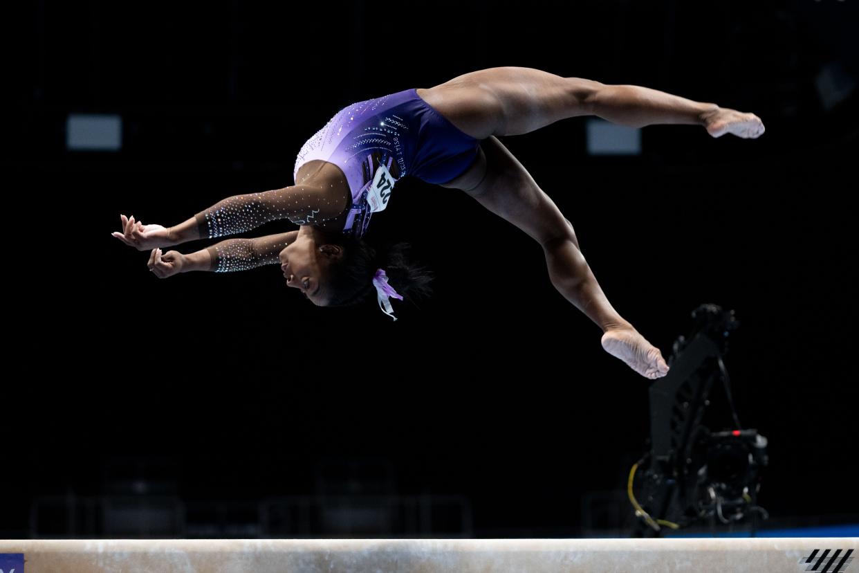 San Jose, California, USA; Simone Biles performs on the balance beam during the 2023 U.S. Gymnastics Championships at SAP Center.