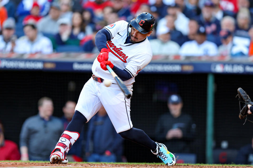 CLEVELAND, OH – OCTOBER 07: Cleveland Guardians first baseman Josh Naylor (22) doubles during the fifth inning of Major League Baseball ALDS Game 2 between the Detroit Tigers and the Cleveland Guardians on October 7, 2024 at Progressive Field in Cleveland, OH. (Photo by Frank Jansky/Icon Sportswire via Getty Images)