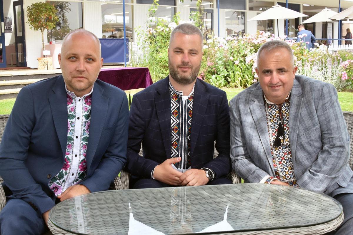 A delegation from Lviv in Ukraine forged new links with Norfolk during a visit to the Royal Norfolk Show. From left: Taras Vorko of Lviv City Council, Oleh Volskyi, mayor of Zhovkva city, and Mykola Kobetiak, deputy director of Nova Food <i>(Image: Denise Bradley)</i>